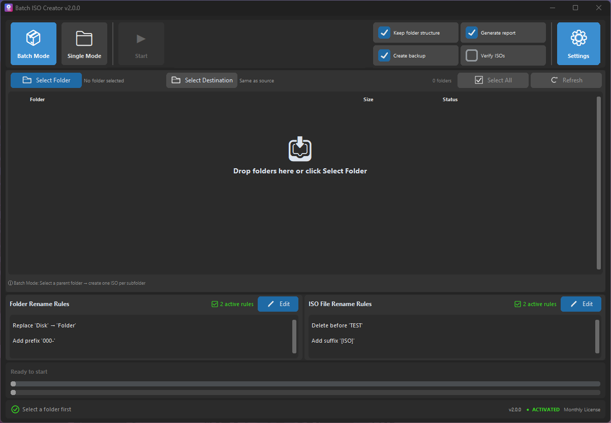 Batch ISO Creator batch folder selection